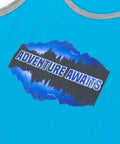 Tank top with 'Adventure Awaits' design using EasySubli Printable Sublimation Heat Transfer Vinyl Kit on blue fabric.