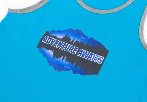 Tank top with 'Adventure Awaits' design using EasySubli Printable Sublimation Heat Transfer Vinyl Kit on blue fabric.