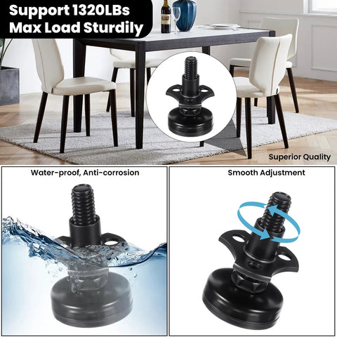 Badass Heavy Duty Furniture Levelers Adjustable Standard Threaded Feet with Steel T Nut Kit, large base, supports 1320 lbs load.