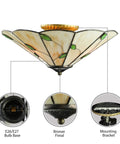 Cool Green Leaf Tiffany Style Flush Mount Ceiling Light With Stained Glass Shade showing E26 E27 bulb base and bronze finial