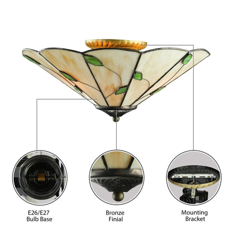 Cool Green Leaf Tiffany Style Flush Mount Ceiling Light With Stained Glass Shade showing E26 E27 bulb base and bronze finial