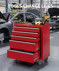 Five Drawer Rolling Tool Chest With Wheels And Central Lock System, Pro Grade Secure Storage Cabinet For Warehouse, Workshop, And Repair Shop, Portable Tool Box On Casters, Heavy Duty Red in auto repair shop