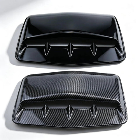 Premium Gloss Black ABS Plastic Hood Scoop Trim Built For Tesla Cybertruck displayed from above, showcasing glossy finish and design.