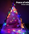 Butterfly Curtain Lights 13ft 96 LED Fairy String With Remote 8 Modes Multicolor illuminating a tent with butterflies.