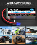 Two Pack 6S 3300mAh LiPo Battery EC5 60C Soft Case 22.2V for RC vehicles with diverse models displayed
