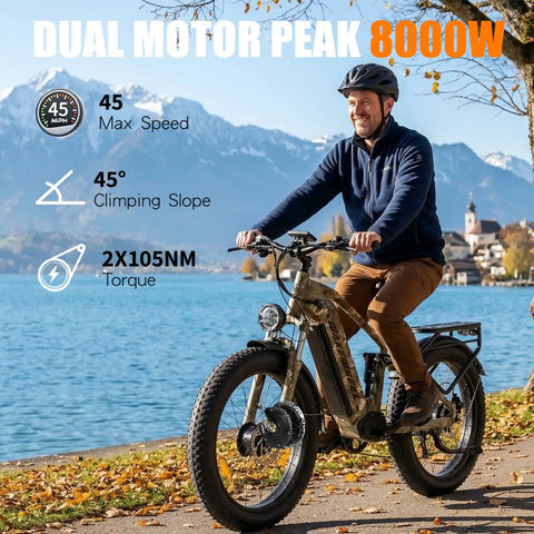 Rider on Beast 8000W Dual Motor Electric Mountain Bike for Adults With 60V 32Ah Battery Fat Tire Long Range in scenic nature.