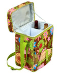 Super Chill Floral Picnic Basket Cooler With Divided Section And Hardwood Cutting Board Cheese Knife Set Plus Corkscrew, open with two wine bottles