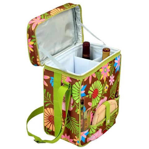 Super Chill Floral Picnic Basket Cooler With Divided Section And Hardwood Cutting Board Cheese Knife Set Plus Corkscrew, open with two wine bottles