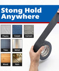 Gaffer tape roll, 2 in x 30 yd, black; hand pulling tape beside surface swatches Plastic, Carpet, Cement, Tiles, Metal, Wood, Rain