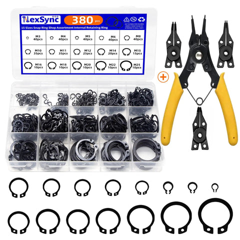 4 In 1 Snap Ring Pliers Set With 380 Pcs Retaining Ring Kit for Internal and External Circlips, organized tool and clip assortment