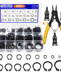 4 In 1 Snap Ring Pliers Set With 380 Pcs Retaining Ring Kit for Internal and External Circlips, includes pliers and labeled case.
