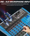 Person adjusting Six Channel Pro Audio Mixer With 48V Phantom Power USB Bluetooth MP3 Input Built In 16 DSP Effects Stereo Digital Interface