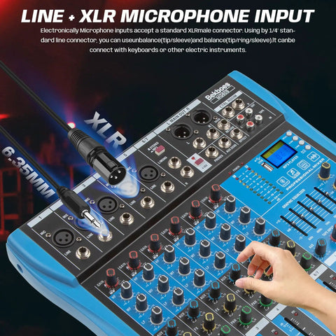 Person adjusting Six Channel Pro Audio Mixer With 48V Phantom Power USB Bluetooth MP3 Input Built In 16 DSP Effects Stereo Digital Interface