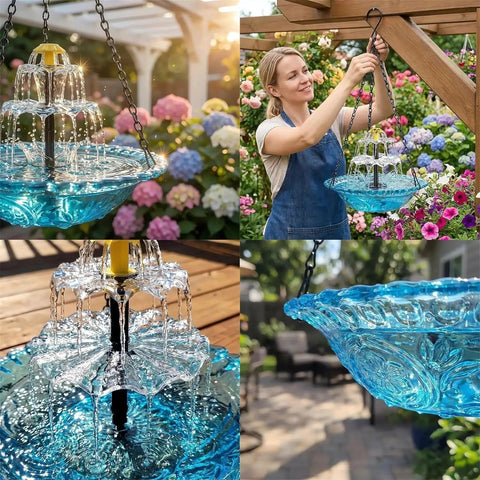 Solar Powered Hanging Bird Bath Fountain For Outdoors With Glass Bowl No Wiring Needed Sun Powered Water Cascade For Gardens And Yards Great For Large Hummingbirds Easy Setup No Fuss Pump displayed hanging amongst flowers