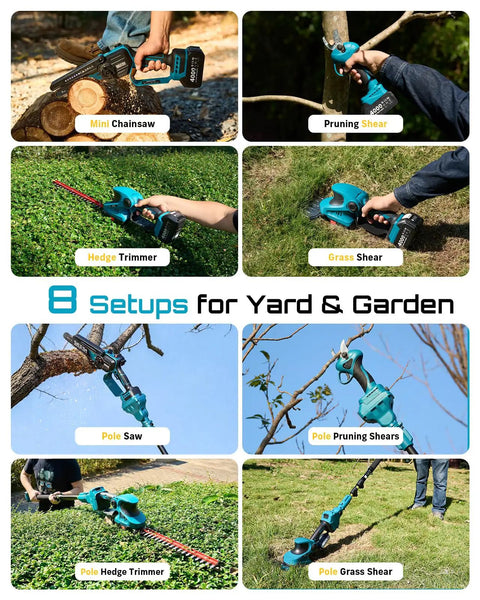 Cordless 8 In 1 Garden Tool Kit With Long Reach Pole Saw Hedge Trimmer Pruner And Grass Shears 4000mAh Battery Extendable Shaft