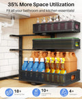 No Sweat Slick 3 Tier Under Sink Organizer Height Adjustable Metal Pull Out Cabinet Shelf With Smooth Glide Design For Zero Hassle Kitchen Pantry Bathroom And Laundry Storage 2 Pack Black, featuring cleaning supplies neatly arranged.