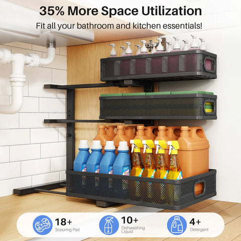 No Sweat Slick 3 Tier Under Sink Organizer Height Adjustable Metal Pull Out Cabinet Shelf With Smooth Glide Design For Zero Hassle Kitchen Pantry Bathroom And Laundry Storage 2 Pack Black, featuring cleaning supplies neatly arranged.