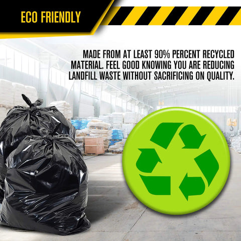 Eco-friendly 42-gallon Beefy Extra Heavy Duty Contractor Trash Bags, 4 mil thick, displaying recycling symbol in a warehouse.