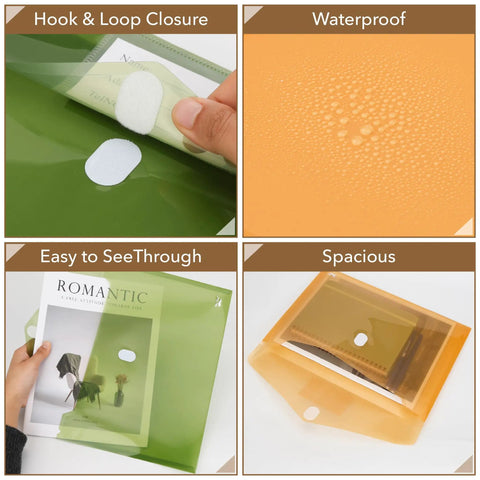 Clear Poly Envelopes 10 Pack for A4 and Letter Size shown with hook-and-loop closure, waterproof surface, and transparent view.