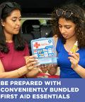 Front view of Band-Aid Brand travel-ready first aid kit in a blue plastic case with 80 pieces