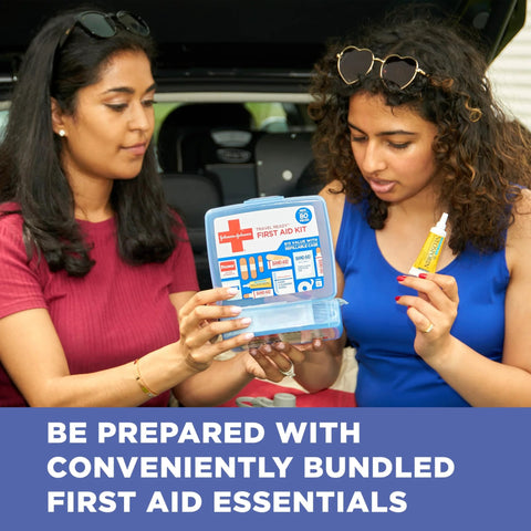 Front view of Band-Aid Brand travel-ready first aid kit in a blue plastic case with 80 pieces