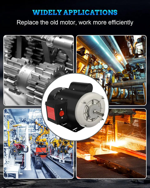 Half HP Electric Motor That Doubles as a Workhorse for Agricultural Compressors, Single Phase 115/230V, 1750 RPM, 5/8 Inch Shaft Diameter, CW CCW Rotation, TEFC Enclosure, IP55, 60Hz shown with industrial applications