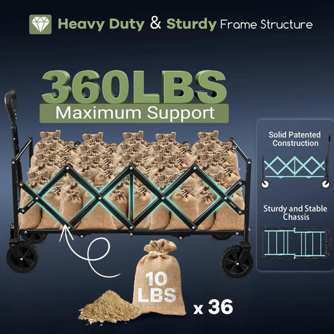 34 Inch Extra Long Collapsible Wagon Cart With 360 Lbs Capacity showing sturdy frame and 10 lb sandbags for heavy duty use