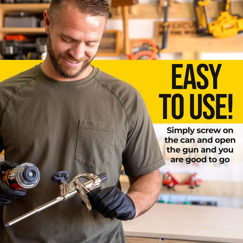Man demonstrating High Precision Spray Foam Gun For Insulating Foam Sealant With Adjustable Flow Control Contractor Grade Pro Applicator
