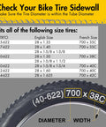 Close-up of a bike tire showing compatibility chart for Two Pack 700C Road Bike Inner Tubes Fits 700x35C To 700x43C.