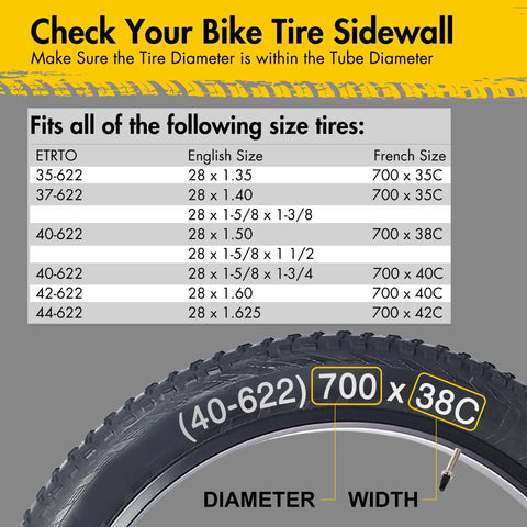 Close-up of a bike tire showing compatibility chart for Two Pack 700C Road Bike Inner Tubes Fits 700x35C To 700x43C.