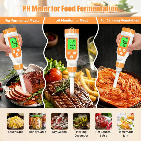Pro Grade Food pH Meter Digital Tester For Fermentation And Canning With Spear Probe displaying pH levels on meat and vegetables.