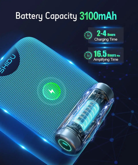 Close-up of 35W Power Voice Amplifier With Bluetooth Lavalier Microphone, Portable Speaker battery capacity display and graphic