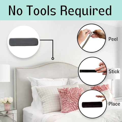 Heavy Duty Wall Buffer Headboard Protectors Soft Foam Stoppers showing peel, stick, and place instructions for easy installation.