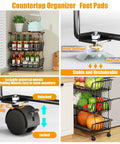 Collage of five tier stackable fruit and veggie storage baskets with wheels, featuring metal wire organizer for kitchen and bathroom use.