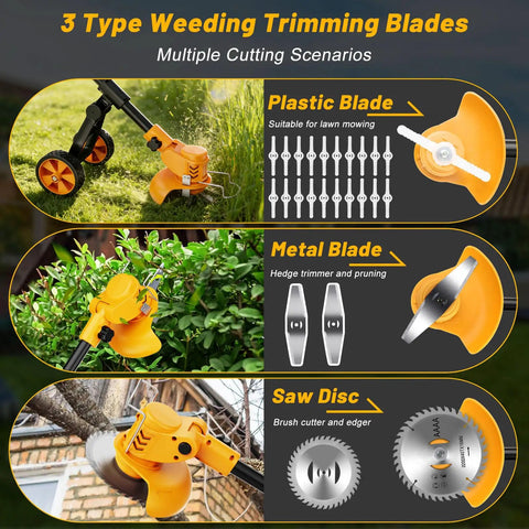 Beast Cordless Electric Weed Wacker With Wheels 4 In 1 Grass Trimmer Plastic Metal Saw Blades for Various Cutting Needs