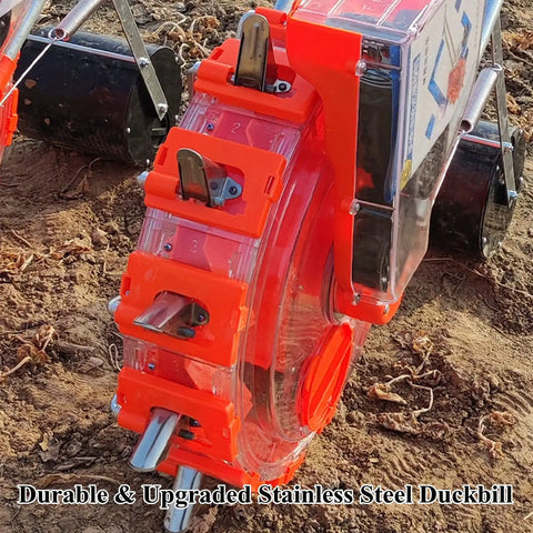 Close-up of Portable Manual Seeder With 16 Seed Plates For Double Row Sowing Spreader, part of hand push garden seeder roller.