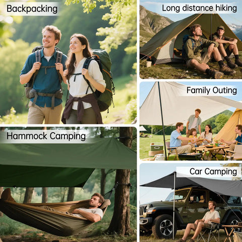 Waterproof 10x10.5 Ft Tarp Shelter For Camping And Backpacking Ripstop 210T Canopy With UV Protection in various camping scenarios