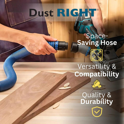 Flexiport Power Tool Hose Kit With 3 To 12 Foot Expandable Hose And Four FlexiPorts connected to a power tool for dust collection