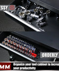 Heavy Duty ABS Socket Organizer Rack With Nine Piece Set For One Half Inch Three Eighth Inch And One Quarter Inch Drives Holds Thirty Six Forty Five And Forty Eight Sockets Premium Quality Clip Rail Tool Tray For Garage Or Shop Organization shown in use for organizing sockets.