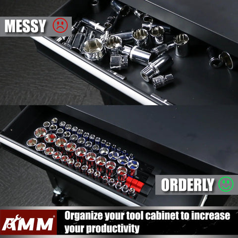 Heavy Duty ABS Socket Organizer Rack With Nine Piece Set For One Half Inch Three Eighth Inch And One Quarter Inch Drives Holds Thirty Six Forty Five And Forty Eight Sockets Premium Quality Clip Rail Tool Tray For Garage Or Shop Organization shown in use for organizing sockets.