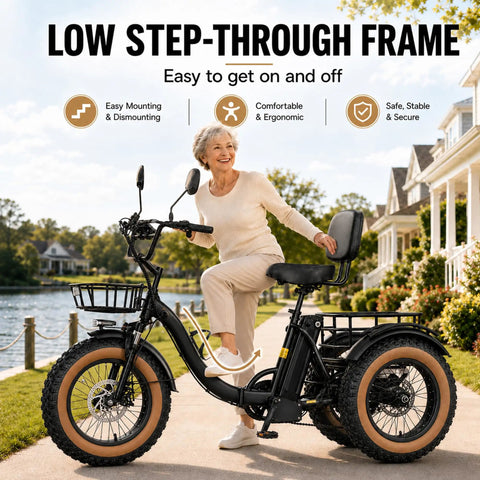 Folding Three Wheel Electric Trike For Adults 750W 48V Fat Tire 25MPH, low step-through frame with basket