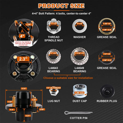 Heavy Duty 4 Lug Trailer Hub Kit For 2000 Lbs Boat Rigs With 4x4 Inch Bolt Pattern and detailed size diagram.