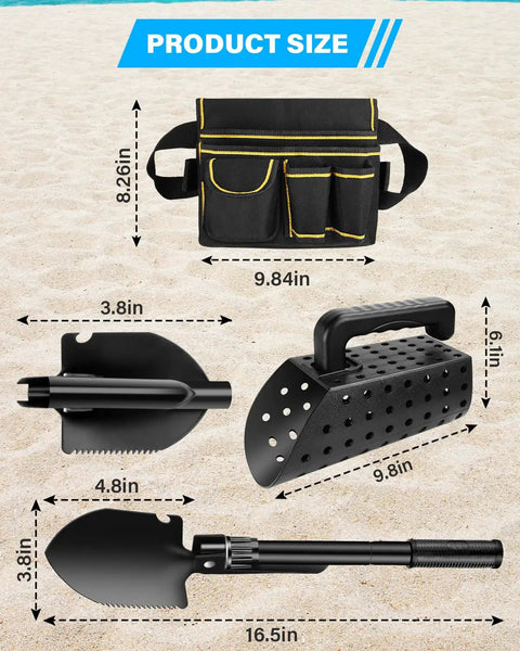 Image showcasing Stainless Steel Metal Detecting Shovel Kit With Foldable Beach Sand Scoop And Finds Bag, product sizes visible