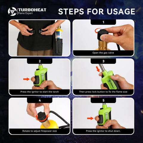 Steps for using Propane MAPP Gas Torch Kit With Long Five Foot Hose Trigger Ignition Holster And Included MAPP Cylinder.