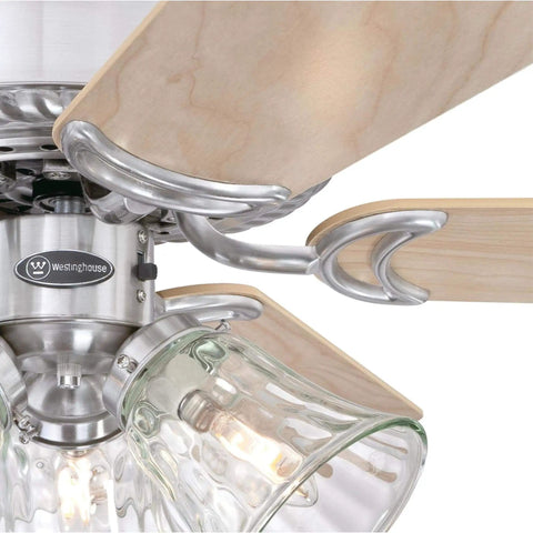 Close-up of Newtown 42 Inch Indoor LED Ceiling Fan With Light Brushed Nickel Finished With Reversible Light Maple Blades