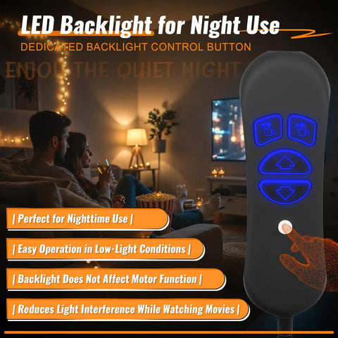 Replacement Lift Chair Remote With 4 Buttons For Dual Motor Recliners, LED backlight in dimly lit room with couple watching TV.