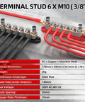 Heavy Duty Power Distribution Bus Bar Pair With Six M10 Studs And Twelve Lugs For Serious Juice Handling In Off Grid Solar Arrays And Ev Conversions Using 12 24 Or 48 Volt Compatibility Plus Rock Solid Copper Build For No Sweat Thermal Control, showcasing terminal stud dimensions and setup.