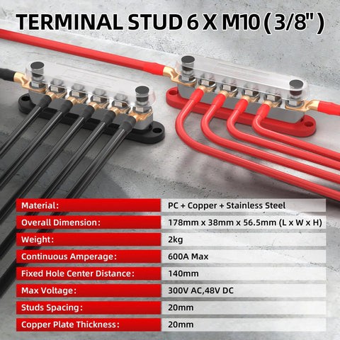 Heavy Duty Power Distribution Bus Bar Pair With Six M10 Studs And Twelve Lugs For Serious Juice Handling In Off Grid Solar Arrays And Ev Conversions Using 12 24 Or 48 Volt Compatibility Plus Rock Solid Copper Build For No Sweat Thermal Control, showcasing terminal stud dimensions and setup.