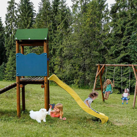 Kids playing on swing set with Canopy Replacement Cover For Swing Set 43 By 90 Inches Durable 600D Oxford Cloth With PVC Coating.