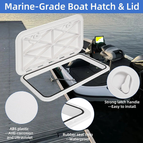 White Rectangle Boat Hatch Lid 24 By 14 Inch Deck Access Door Cover For Bass Boat John Boat Fishing Skiff Sailboat Yacht And RV Camper Van Durable Weatherproof Two Pack, displayed open on dock, showing strong latch handle.